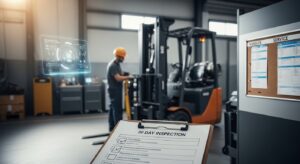 Técnico executando manutenção preventiva em empilhadeira dentro de galpão com checklist e quadro Kanban