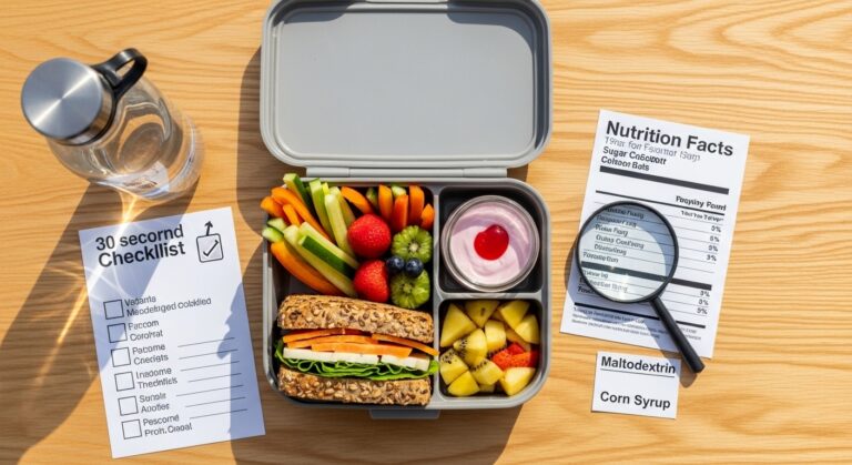 Lancheira infantil saudável com frutas e checklist de ingredientes