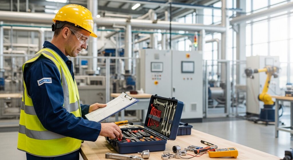 Técnico de manutenção organizando ferramentas com checklist em fábrica
