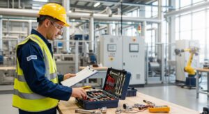 Técnico de manutenção organizando ferramentas com checklist em fábrica