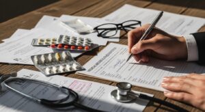 Mão assinando formulário médico com remédios de alto custo e documentos legais sobre mesa