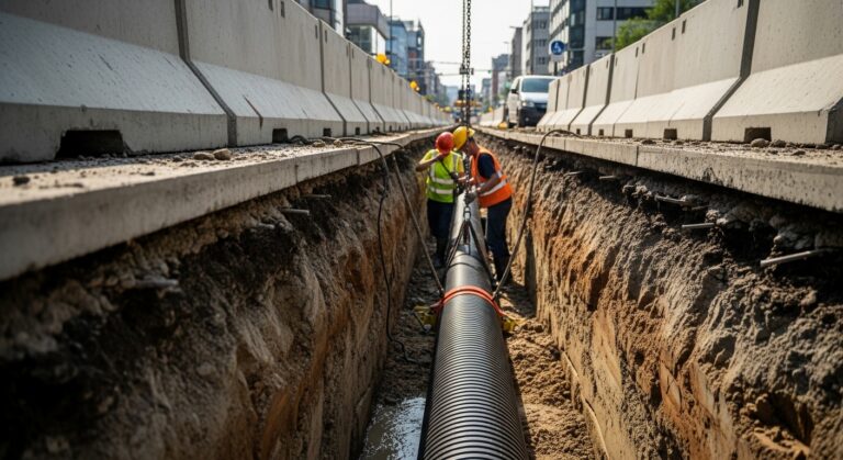 Instalação de tubo de drenagem de 400mm em cidade para prevenção de enchentes