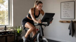 Pessoa pedalando em bicicleta ergométrica profissional em um espaço compacto iluminado pela luz natural