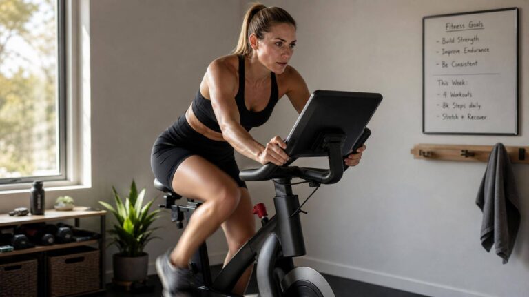 Pessoa pedalando em bicicleta ergométrica profissional em um espaço compacto iluminado pela luz natural
