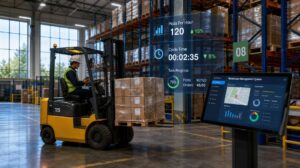 Empilhadeira movimentando pallets em centro de distribuição com indicadores de eficiência